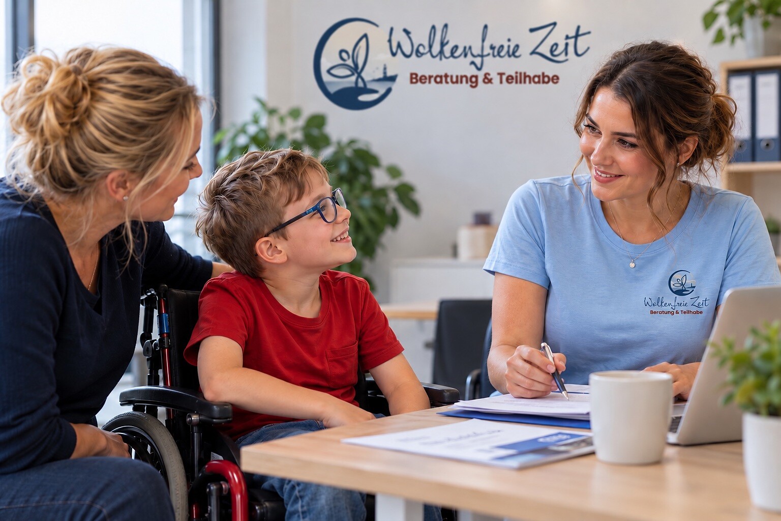 Eine Beraterin von Wolkenfreie Zeit im Gespräch mit einer Mutter und ihrem Sohn im Rollstuhl