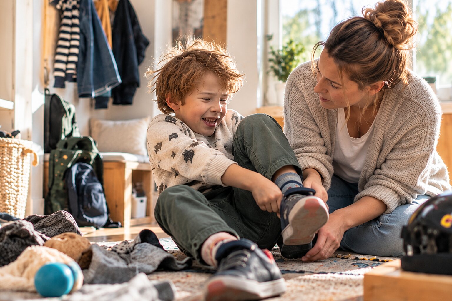 Eine Mutter hilft ihrem lachenden Sohn im Flur beim Anziehen der Schuhe